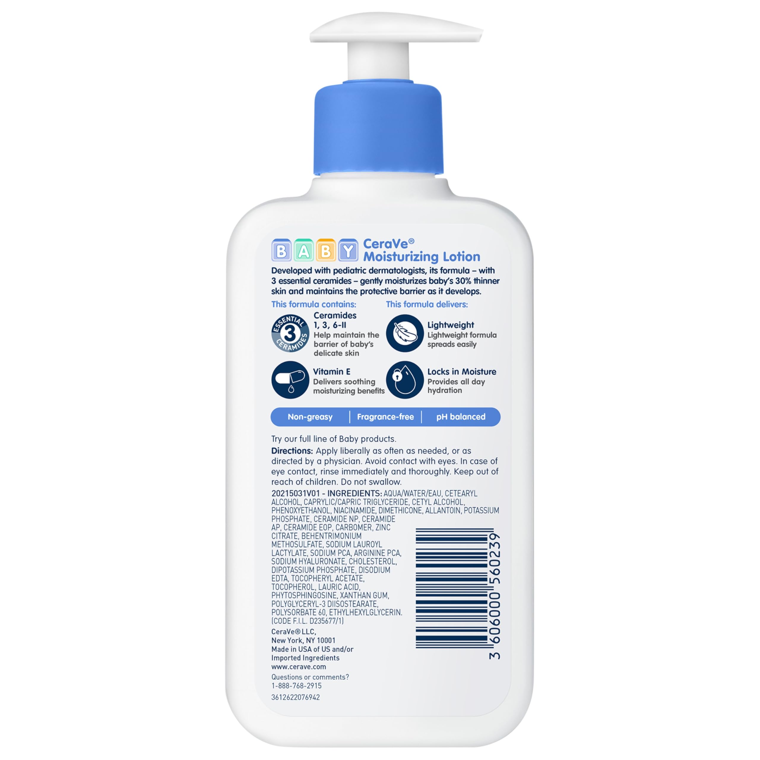 CeraVe Baby Lotion, Gentle Baby Skin Care with Ceramides, Niacinamide & Vitamin E, Fragrance, Paraben, Dye & Phthalates Free, Lightweight Moisturizer, 8 Ounce, Packaging May Vary Halalzen