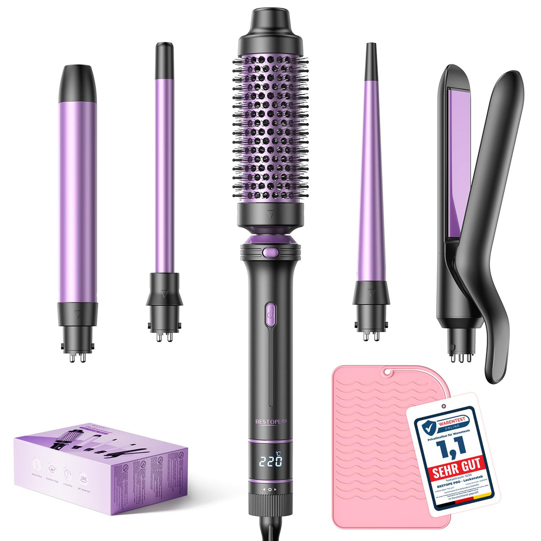 BESTOPE PRO 5 in 1 Hair Curling Wand, Hair Curler Set with Thermal Brush and Hair Straightener, 13 Temperature Control for All Hair Lengths, with Heat Resistant Mat, Glove, Clip, Purple Halalzen