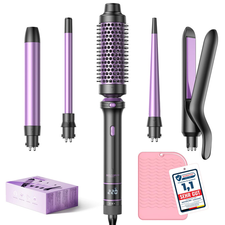 BESTOPE PRO 5 in 1 Hair Curling Wand, Hair Curler Set with Thermal Brush and Hair Straightener, 13 Temperature Control for All Hair Lengths, with Heat Resistant Mat, Glove, Clip, Purple Halalzen