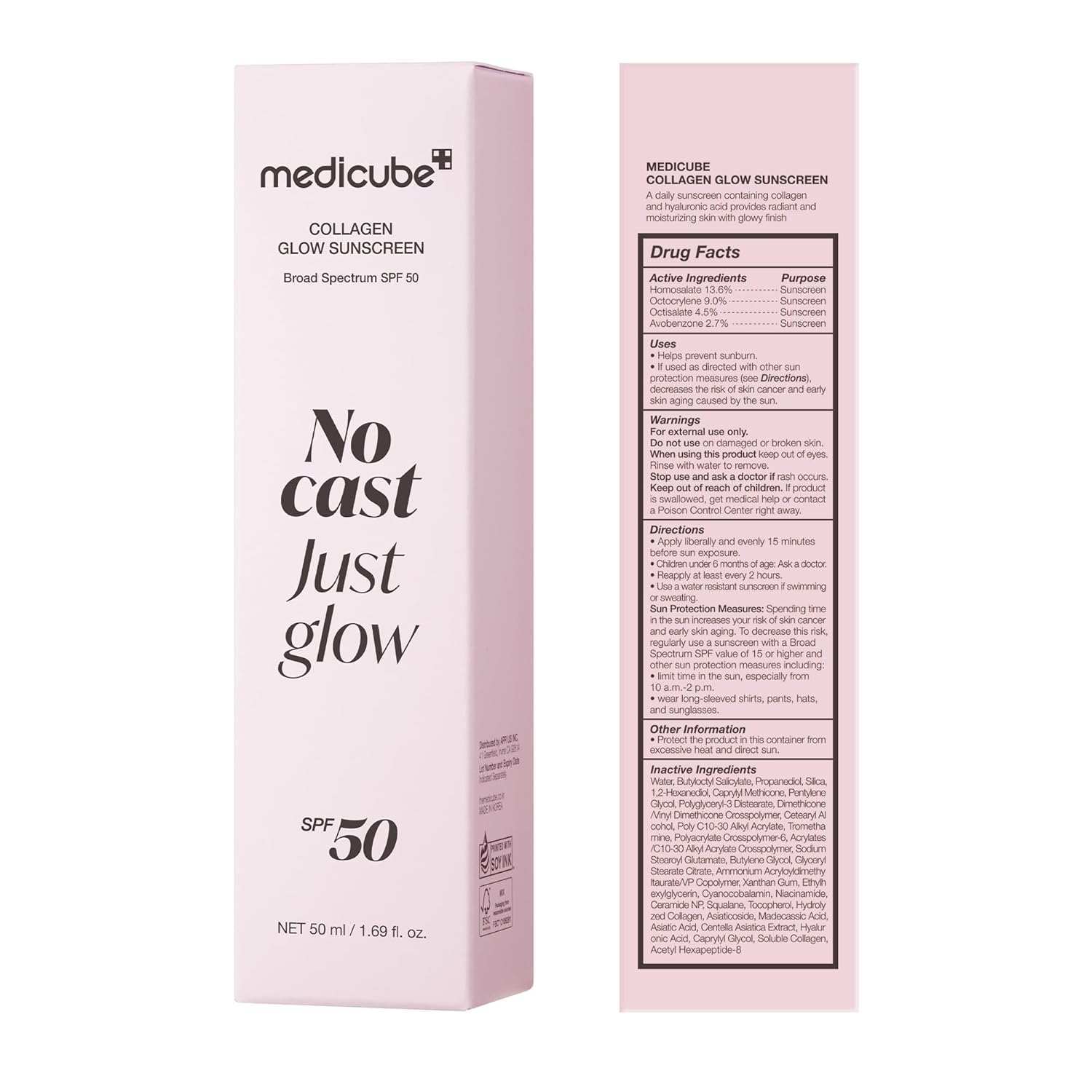 medicube No Cast Just Glow Collagen Sunscreen | SPF 50 Broad Spectrum Face Sunscreen | Lightweight, Non-Sticky, Hydrating Formula | Peptide, Cica for Soothing & Glow | Korean Skincare Halalzen
