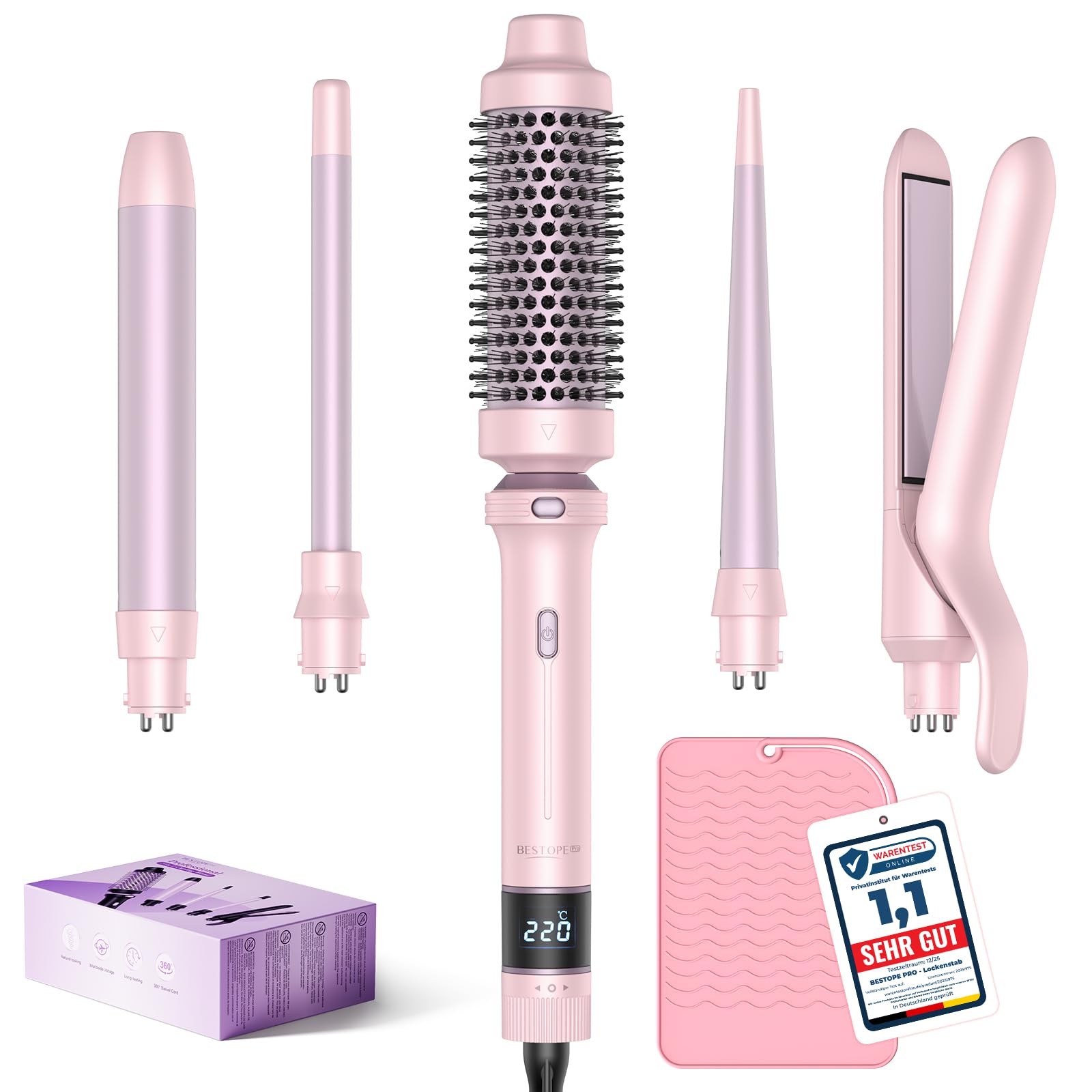 BESTOPE PRO 5 in 1 Hair Curling Wand, Hair Curler Set with Thermal Brush and Hair Straightener, 13 Temperature Control for All Hair Lengths, with Heat Resistant Mat, Glove, Clip, Purple Halalzen
