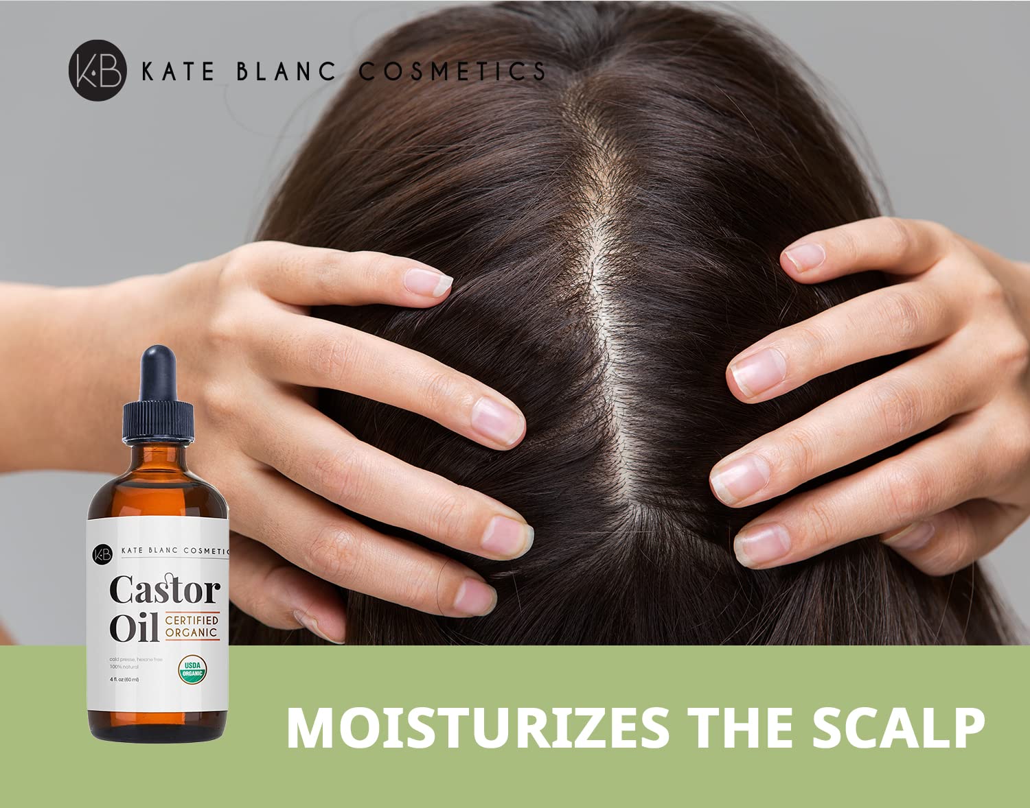 Kate Blanc Cosmetics Castor Oil Organic for Hair, Lashes, Face, Skin (2oz), 100% Pure, Cold Pressed, Hexane Free Hair Oil. Lash Serum for Thicker-Looking Eyelashes & Eyebrows Halalzen