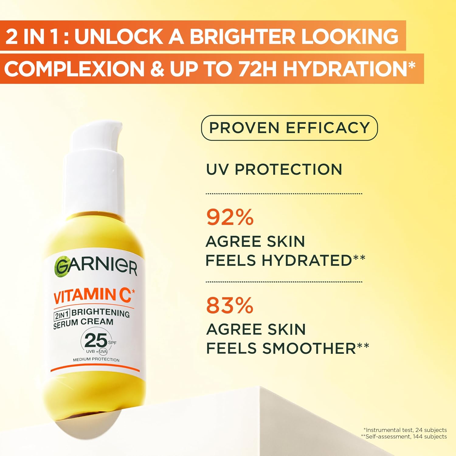 Garnier Vitamin C Serum Cream SPF 25, 2-in-1 Brightening Face Moisturizer with 20% Vitamin C, Hydrates, Protects and Reveals Bright Glowing Skin, Organic, Cruelty-Free & Vegan, All Skin Types, 50ml