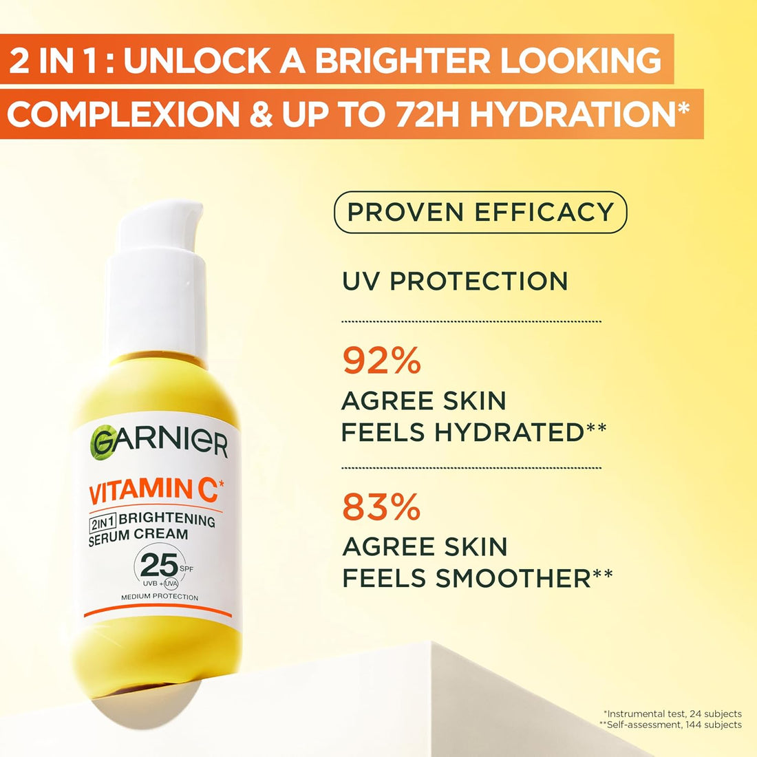 Garnier Vitamin C Serum Cream SPF 25, 2-in-1 Brightening Face Moisturizer with 20% Vitamin C, Hydrates, Protects and Reveals Bright Glowing Skin, Organic, Cruelty-Free & Vegan, All Skin Types, 50ml