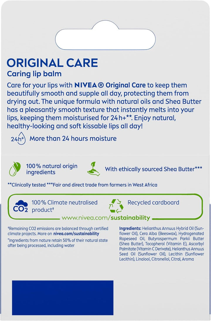 NIVEA Original Care Duo Pack Lip Balm (2x 4.8g), Lip Moisturiser Deeply Hydrates for 24h+, 100% Natural Origin Ingredients, Shea Butter, and Vitamins, Lip Care