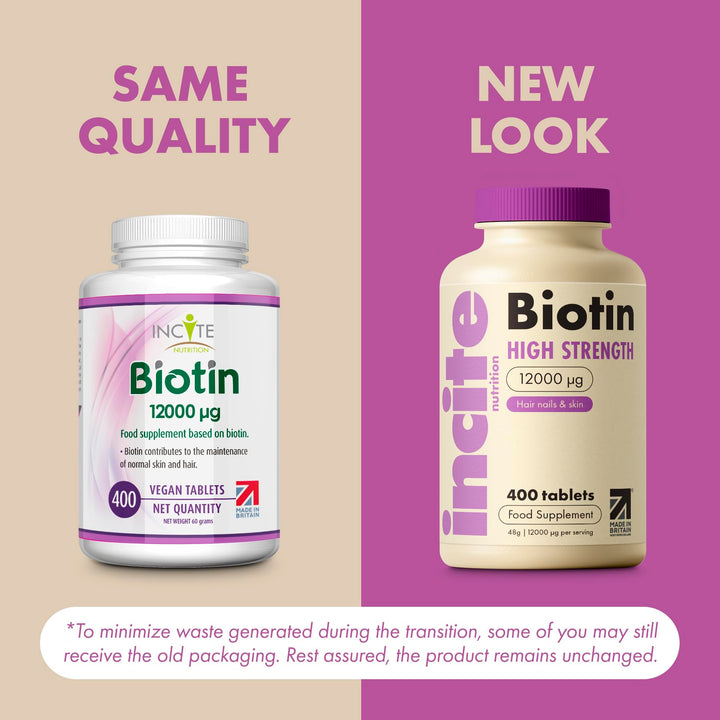 Incite Nutrition Biotin Hair Growth Support Supplement 12,000mcg - 400 Tiny 6mm Tablets (Full Year Plus Supply) - for Men & Women