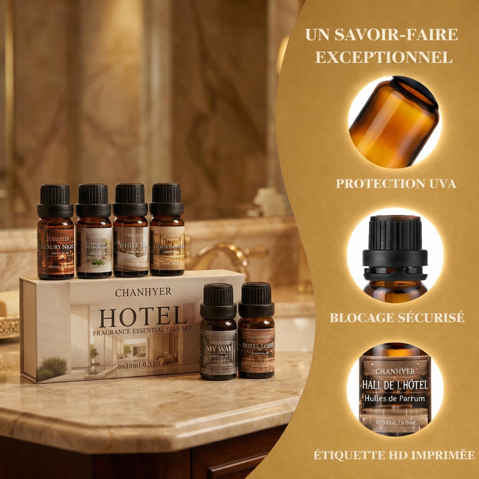Hotel Collection Essential Oils for Diffusers for Home - 6 x 10 ml Luxury Scented Oil Set with Luxury Night,Jasmine Peppermint,White Tea,Citrus Happiness,My Way,Hotel Lobby,Gift for Women and Men