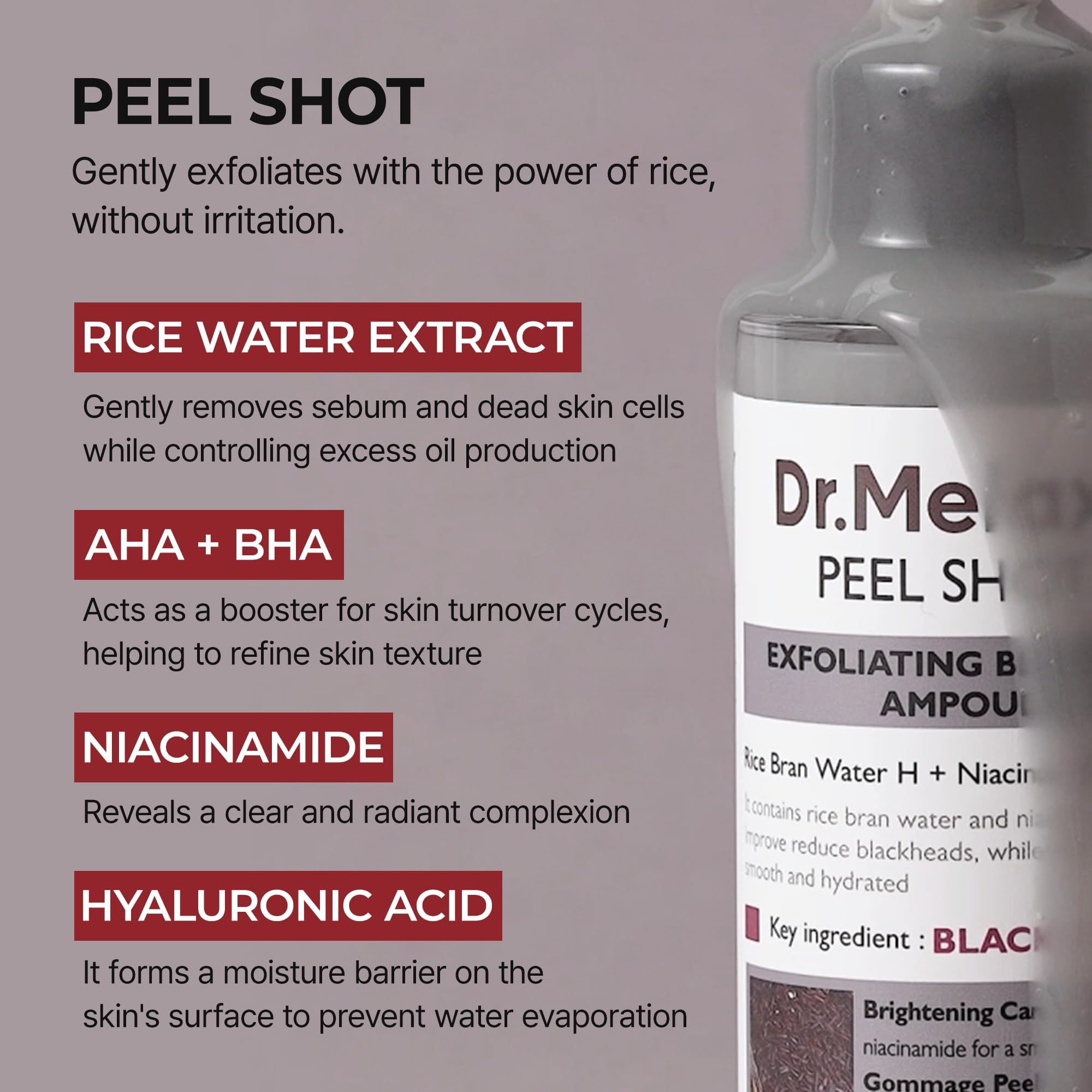 Dr.Melaxin Peel Shot Glow Black Rice Peeling Ampoule – AHA BHA Daily Chemical Exfoliant with Rice Water & Niacinamide, Glass Skin Texture for Dead Skin & Dull Complexion, Korean Skincare 2.7 fl.oz