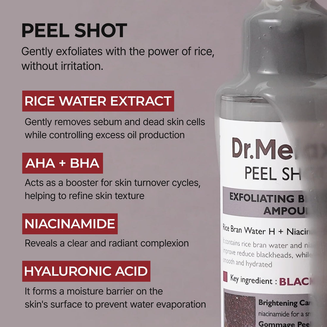 Dr.Melaxin Peel Shot Glow Black Rice Peeling Ampoule – AHA BHA Daily Chemical Exfoliant with Rice Water & Niacinamide, Glass Skin Texture for Dead Skin & Dull Complexion, Korean Skincare 2.7 fl.oz