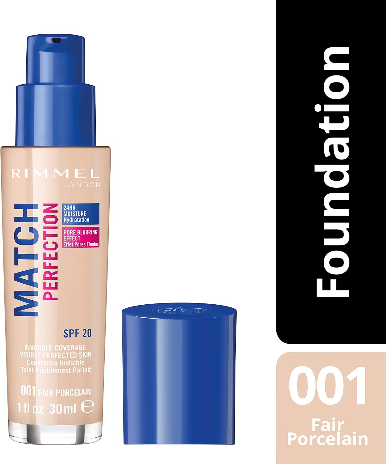 Rimmel Match Perfection Foundation 001 Fair Porcelain, Medium Coverage, 24hr Hydration, No Caking or Creasing, Lightweight, Reduces Imperfections, Invisible Coverage, SPF20, Cruelty Free Halalzen