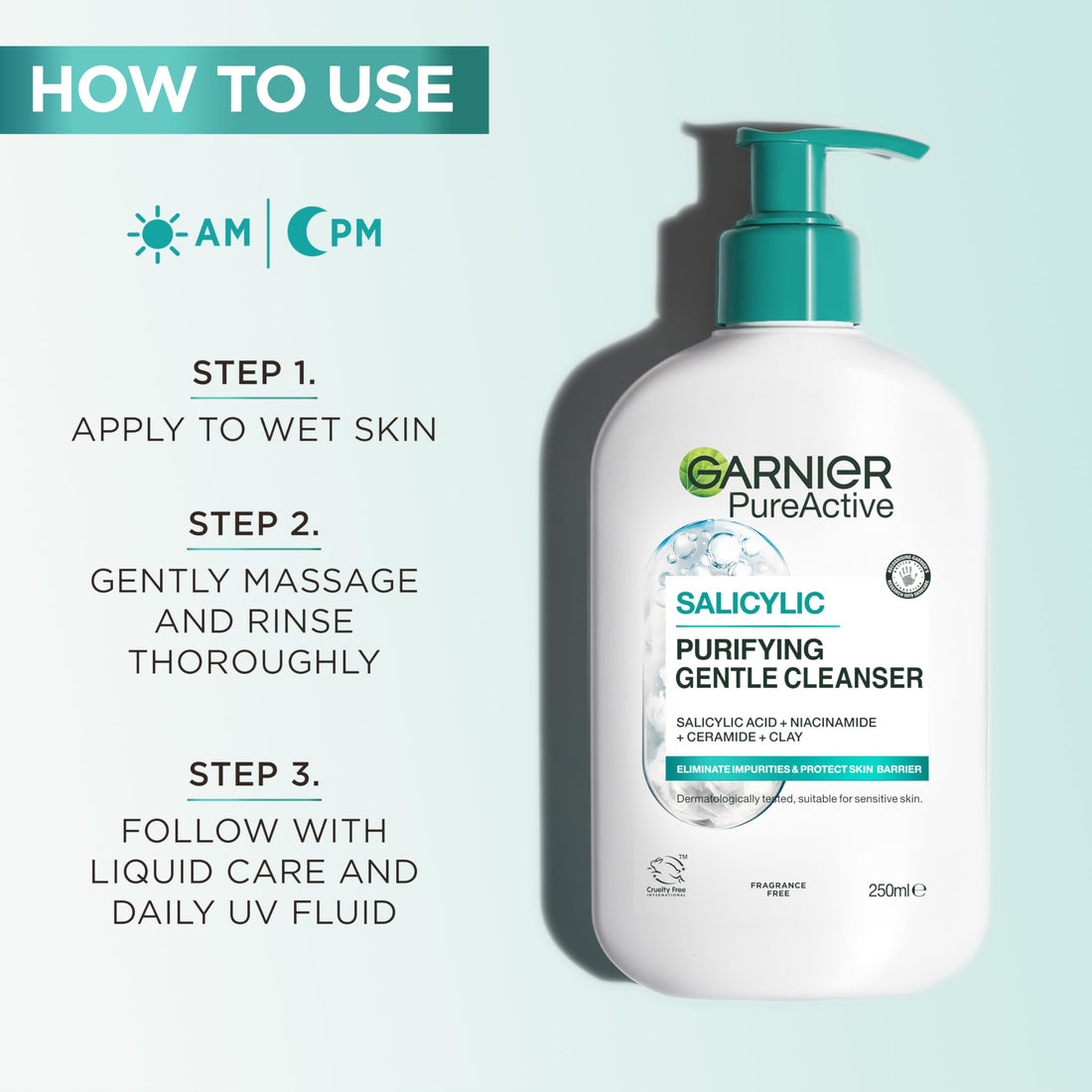 Garnier Pure Active Salicylic Purifying Gentle Face Cleanser, Enriched With Salicylic Acid, Niacinamide, Ceramides & Clay, Fragrance Free, Sulphate Free Formula, Suitable For Sensitive Skin, 250ml