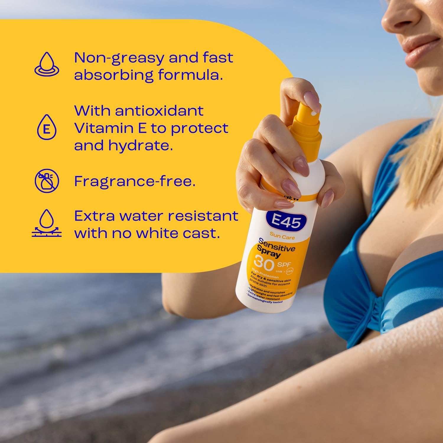 E45 Sunscreen Spray for Sensitive Skin SPF 30 - Hydrating Sun Protection with high UVA and UVB - Instantly Moisturising for Dry Skin, Sensitive Skin and Eczema Prone Skin - 180 ml | for Sensitive Skin