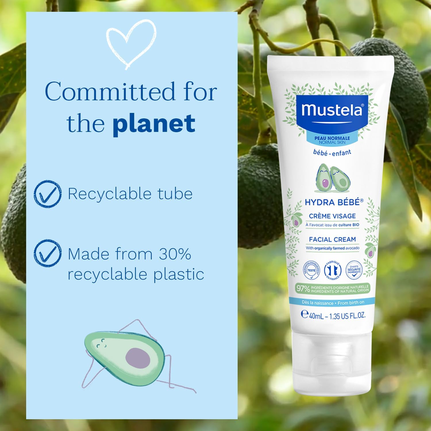 Mustela - Hydra Bébé Facial Cream – Non-Greasy Moisturising Cream with Avocado Perseose, Natural Glycerin for Skin, Sunflower Oil, Vitamin E and Jojoba Oil – Baby moisturiser - 40ml Halalzen