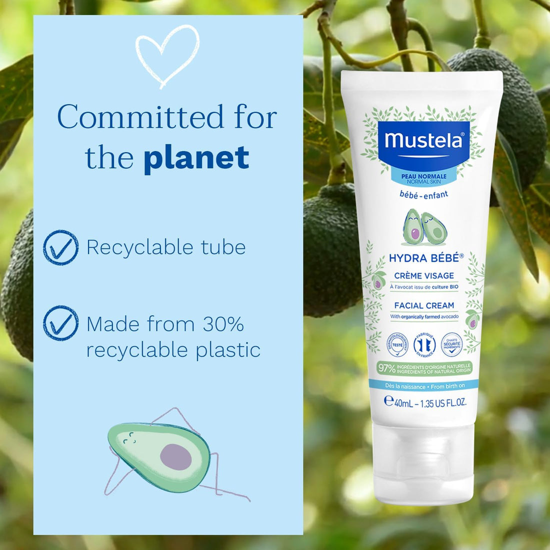 Mustela - Hydra Bébé Facial Cream – Non-Greasy Moisturising Cream with Avocado Perseose, Natural Glycerin for Skin, Sunflower Oil, Vitamin E and Jojoba Oil – Baby moisturiser - 40ml Halalzen