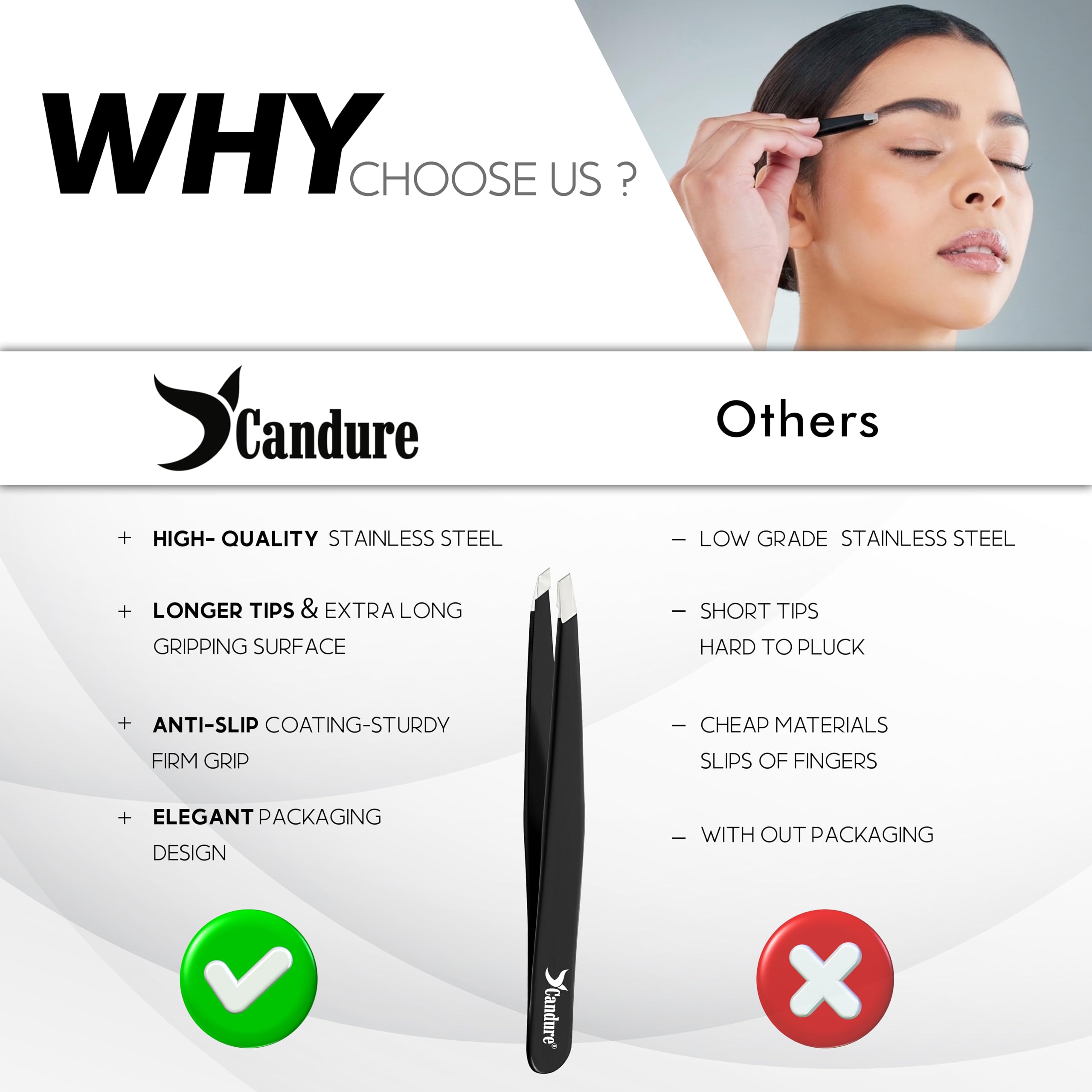 Candure Tweezers for Eyebrows - Professional Stainless Steel Slanted and Pointed Tip Hair Tweezers Set for Ingrown Hair, Blackhead Removal, Eyebrows Plucking Beauty Tool for Women Halalzen