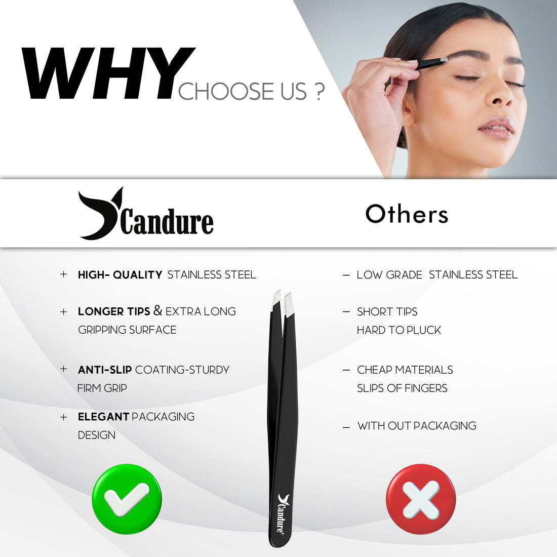 Candure Tweezers for Eyebrows - Professional Stainless Steel Slanted and Pointed Tip Hair Tweezers Set for Ingrown Hair, Blackhead Removal, Eyebrows Plucking Beauty Tool for Women Halalzen