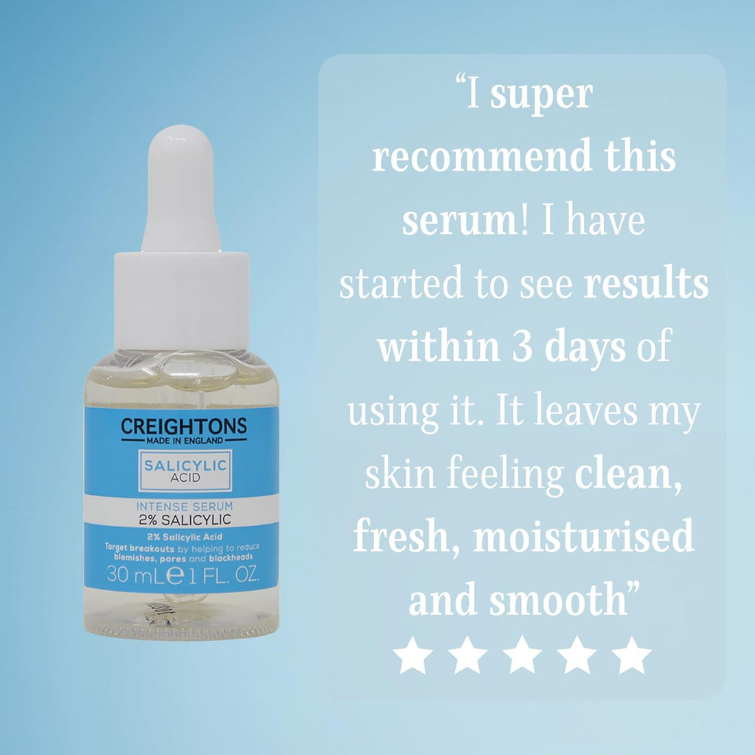 Creightons Salicylic Acid Intense Serum 2% (30ml) – Reduces Blemishes, Pores & Blackheads | Dermatologically Tested, Vegan & Cruelty-Free | For Oily/Blemish-Prone Skin