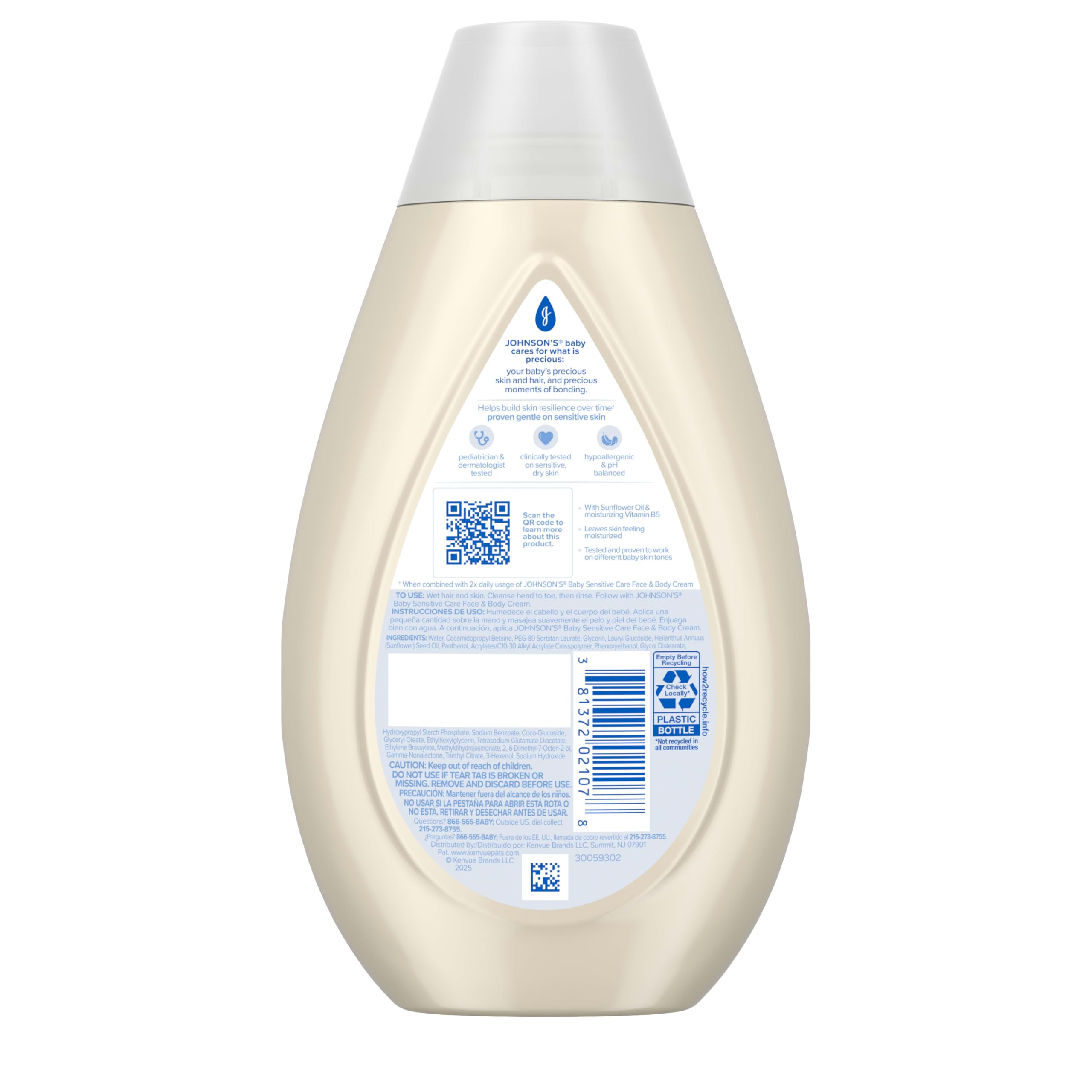 Johnson's Sensitive Care Baby Wash & Shampoo, Daily Moisturizing 2-in-1 Baby Wash & Shampoo to Gently Cleanse Without Drying Out Sensitive Skin, Light Scent, Hypoallergenic, 13.6 fl. oz Halalzen