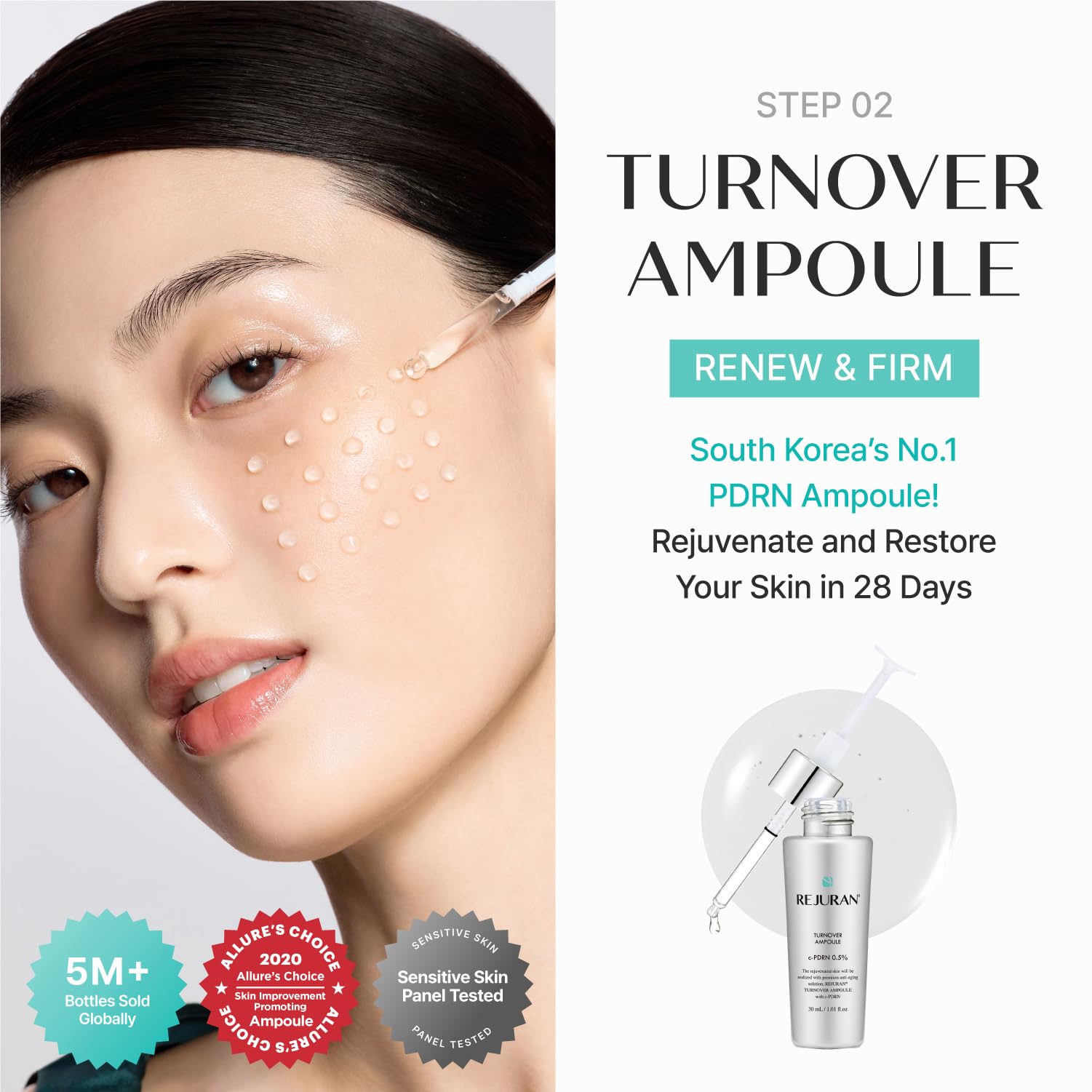 REJURAN® Dual Effect Ampoule, DOT DUAL c-PDRN® - Salmon DNA Face Serum for Deep Rejuvenation, Wrinkle Care, Firming, Skin Elasticity with Visible Anti-Aging Results. Korean Skincare (1.01 fl oz) Halalzen