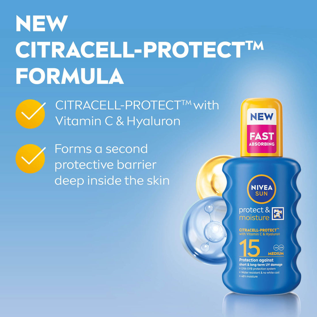 NIVEA SUN Protect & Moisture Sun Spray SPF 50+ (200ml), Moisturising Suncream Spray with Vitamin C and Hyaluron, Immediate UVA/UVB Protection, Fast-Absorbing No White Cast Formula