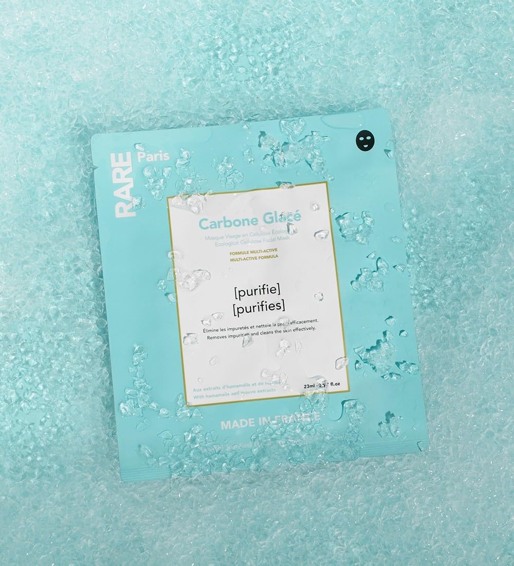 RARE Paris - Carbone Glacé - Purifying Carbon Black Facial Sheet Mask - Cleanses & Tightens - With Hamamelis & Mallow - Purifying, Firming & Revitalizing - Multi-Active Serum Formula - 1 Pack Halalzen