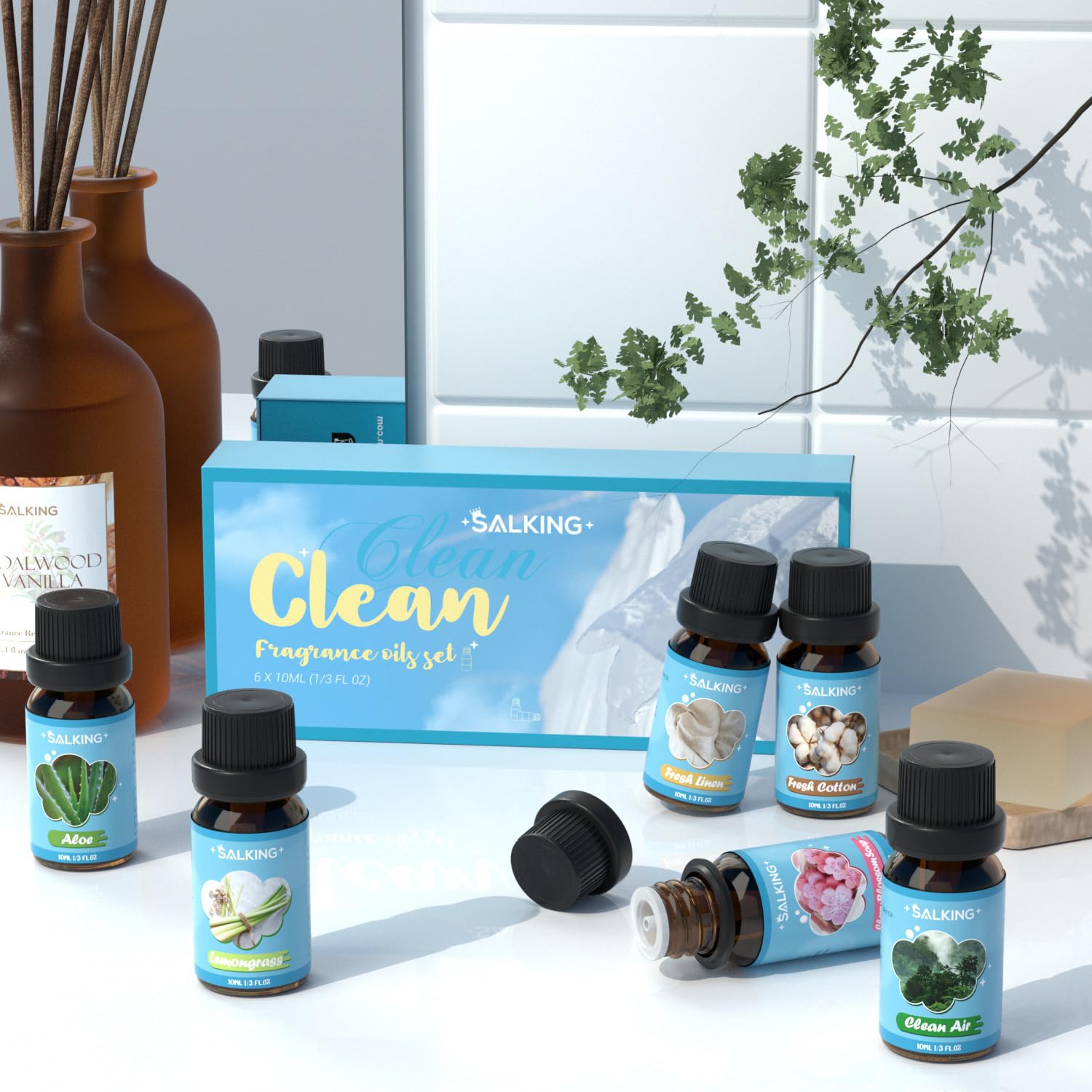 SALKING Essential Oils Set, 100% Pure Fragrance Oil AromatherapyGift, Premium Scented Oils for Diffusers 6 x 10 ML - Lavender, Rose, Jasmine, Cherry Blossom, Gardenia, Chamomile, Pink