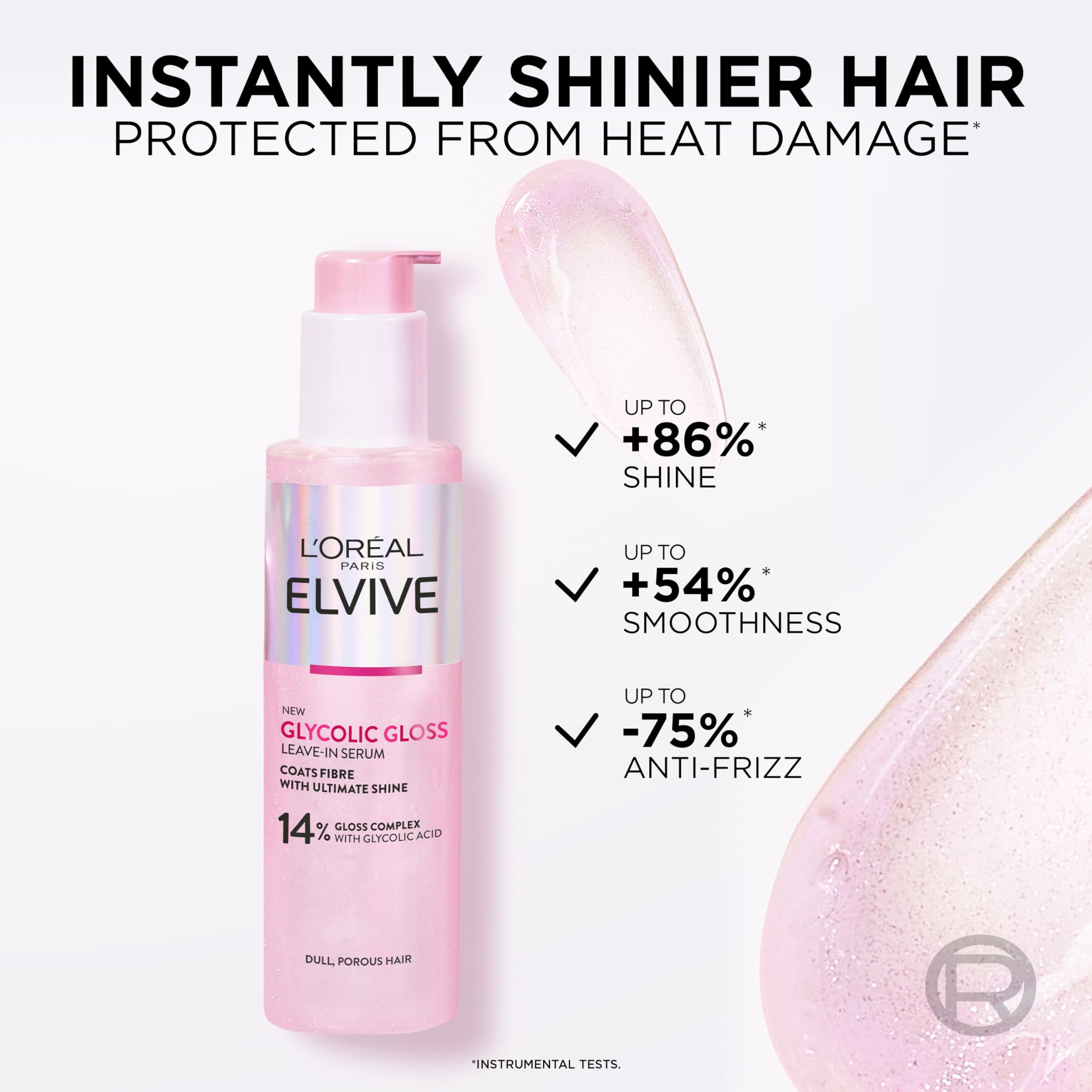 L'Oréal Paris Hair Serum For Dull Lifeless Hair, Elvive Glycolic Gloss Leave-In Treatment With 14% Gloss Complex, Fills Hair Fibres For Smoothness And Heat Damage Protection With Mirror Shine, 150ml