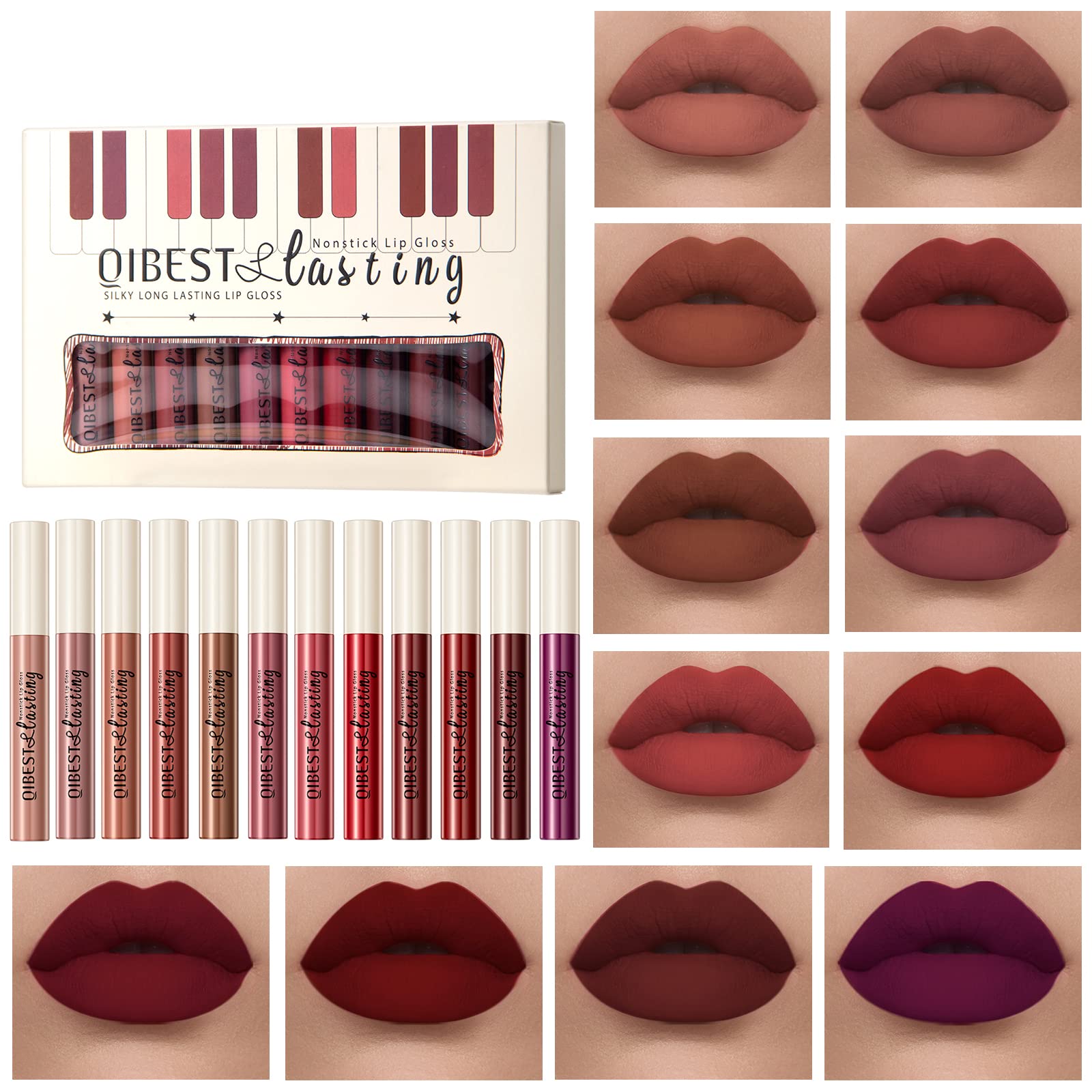 12 Colors Matte Liquid Lipstick Set Velvety Lip Gloss Lip Kit Waterproof Long Lasting Wear Nude Lip Gloss Beauty Cosmetics Gift Box Set (Set A, Set A) Halalzen