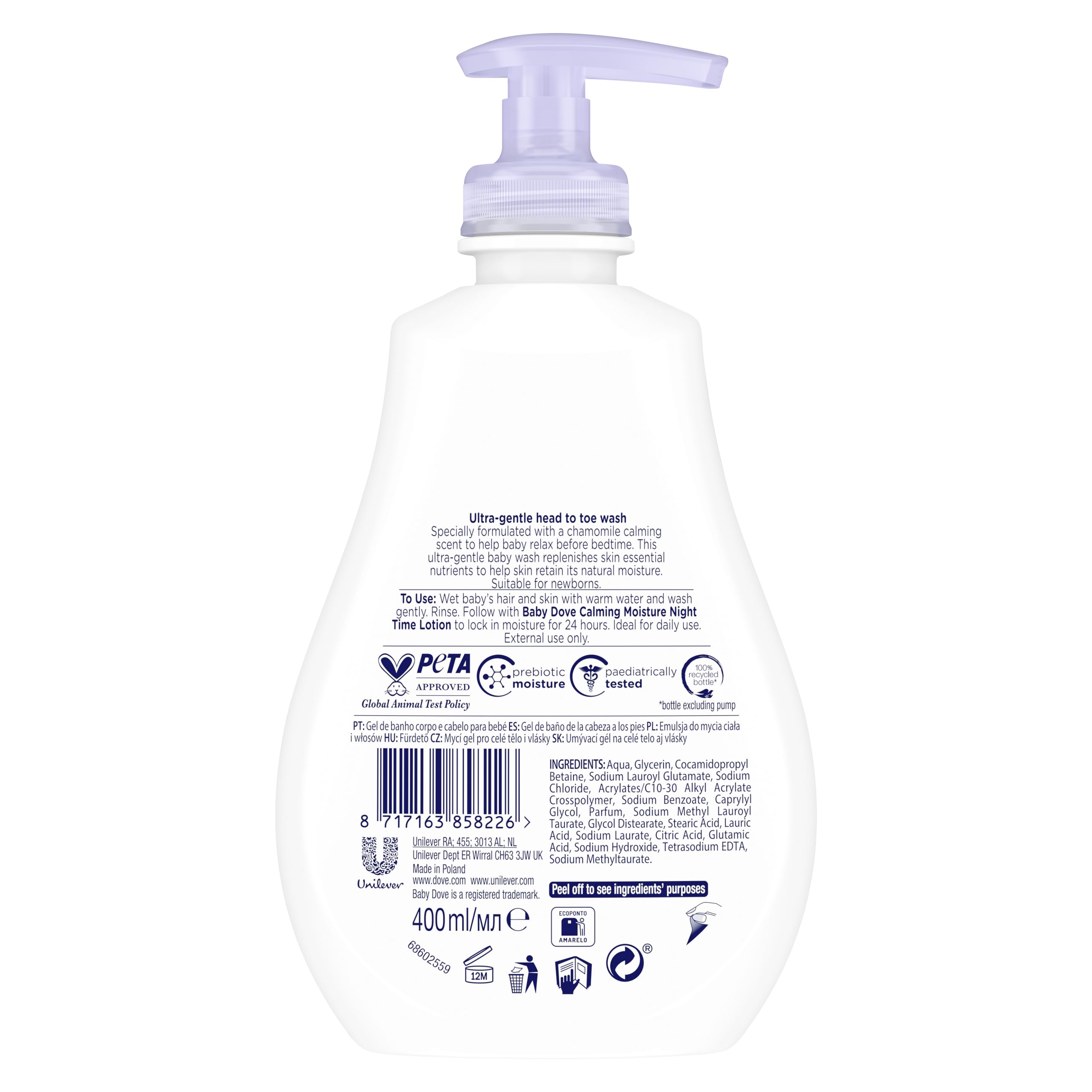 Baby Dove Calming Moisture Head to Toe Wash – Gentle Chamomile Baby Wash for Sensitive Skin, Relaxes & Soothe Before Bed, 3 x 400ml