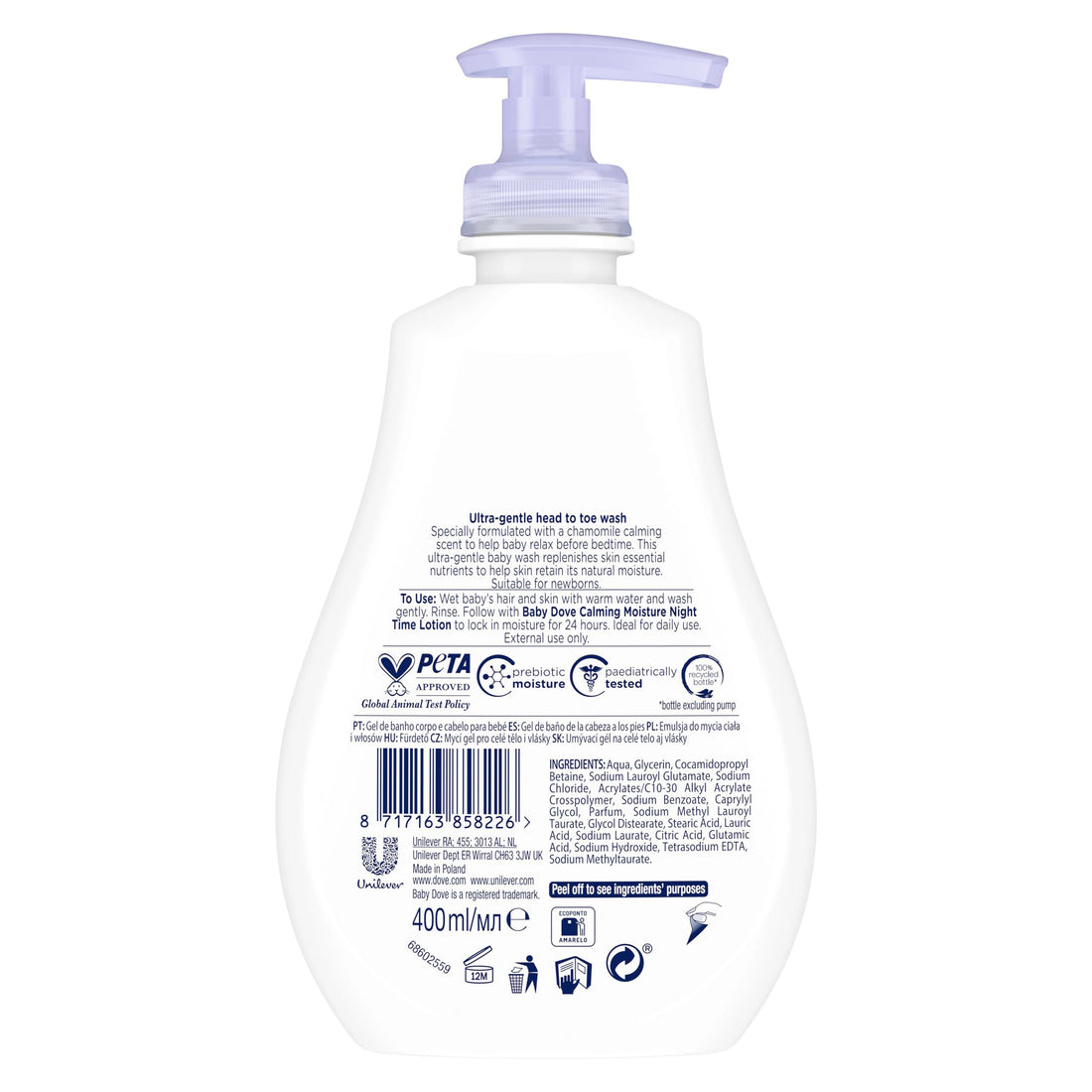Baby Dove Calming Moisture Head to Toe Wash – Gentle Chamomile Baby Wash for Sensitive Skin, Relaxes & Soothe Before Bed, 3 x 400ml