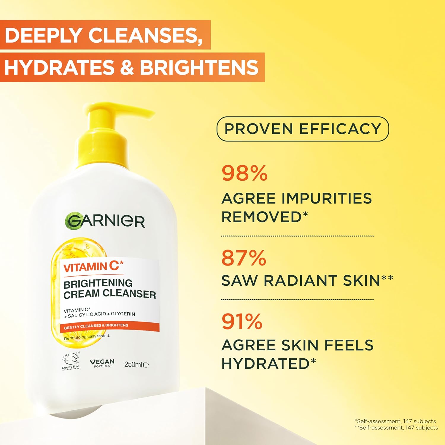 Garnier Vitamin C Brightening Cream Cleanser, Removes Make-up and Impurities, Hydrates and Brightens for Even Glowing Skin, for Dull and Uneven Skin, Dermatologically Tested, Cruelty free, 250ml
