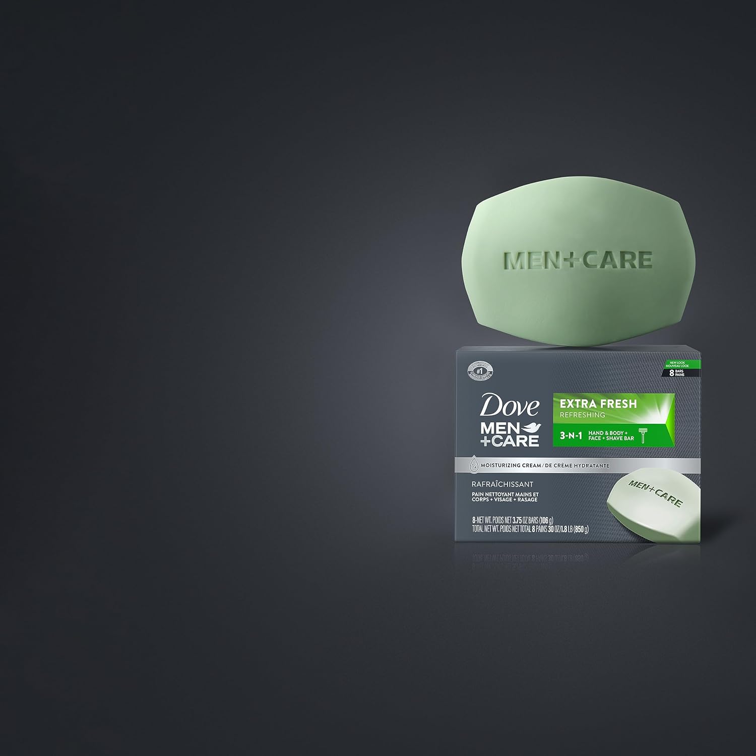 DOVE MEN + CARE Pain Nettoyant 3 en 1 Corps, Visage et Rasage Extra Frais Plus Hydratant Qu'un Pain de Savon Traditionnel pour Nettoyer et Hydrater la Peau 106 g (Lot de 8)