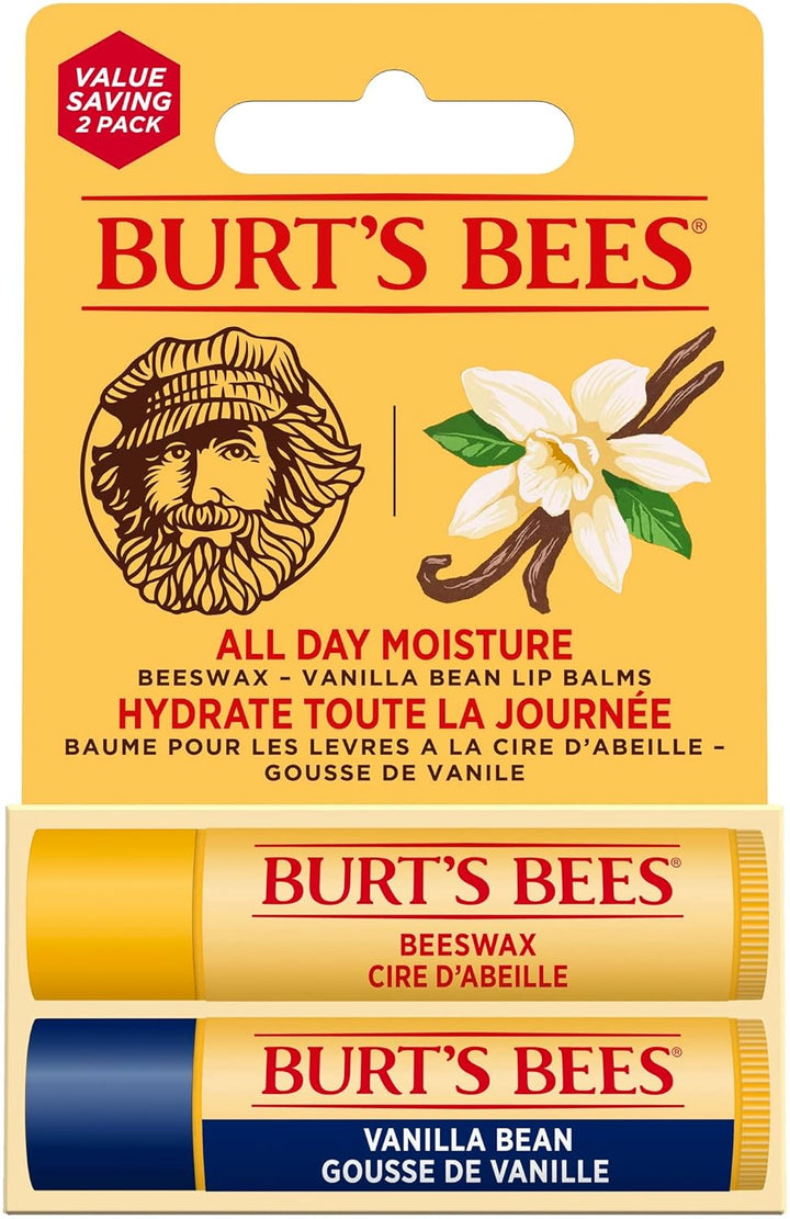 Burt's Bees Lip Balm Duo Pack, Includes Moisturising Beeswax with Peppermint & Vitamin E and Vanilla Bean, 2x4.25g