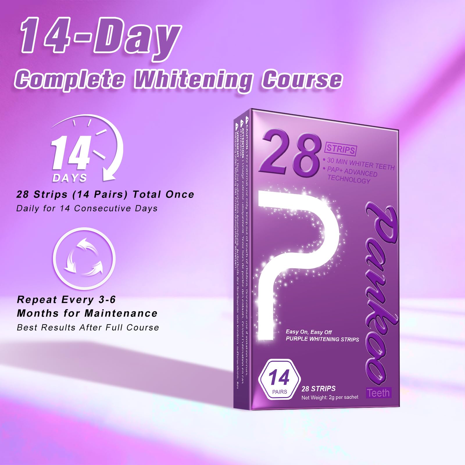 Purple Teeth Whitening Strips 14 Treatments, Helps Remove Surface Stains - Coffee & Wine Stains, Supports Enamel Care, No Sensitivity, No Slip, 28 Strips,Teeth Whitening Gel