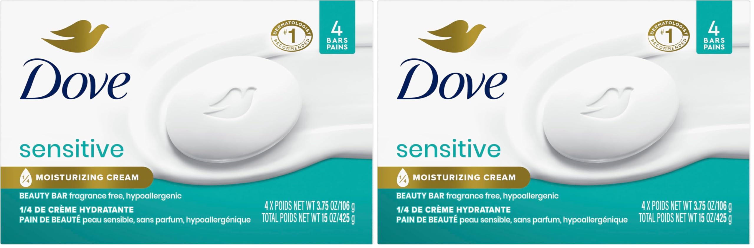 Dove Beauty Bar Soap Sensitive, 8 Bars for Sensitive Skin, Fragrance Free and Hypoallergenic 3.75 oz