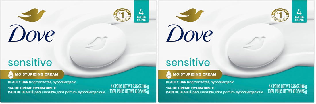 Dove Beauty Bar Soap Sensitive, 8 Bars for Sensitive Skin, Fragrance Free and Hypoallergenic 3.75 oz
