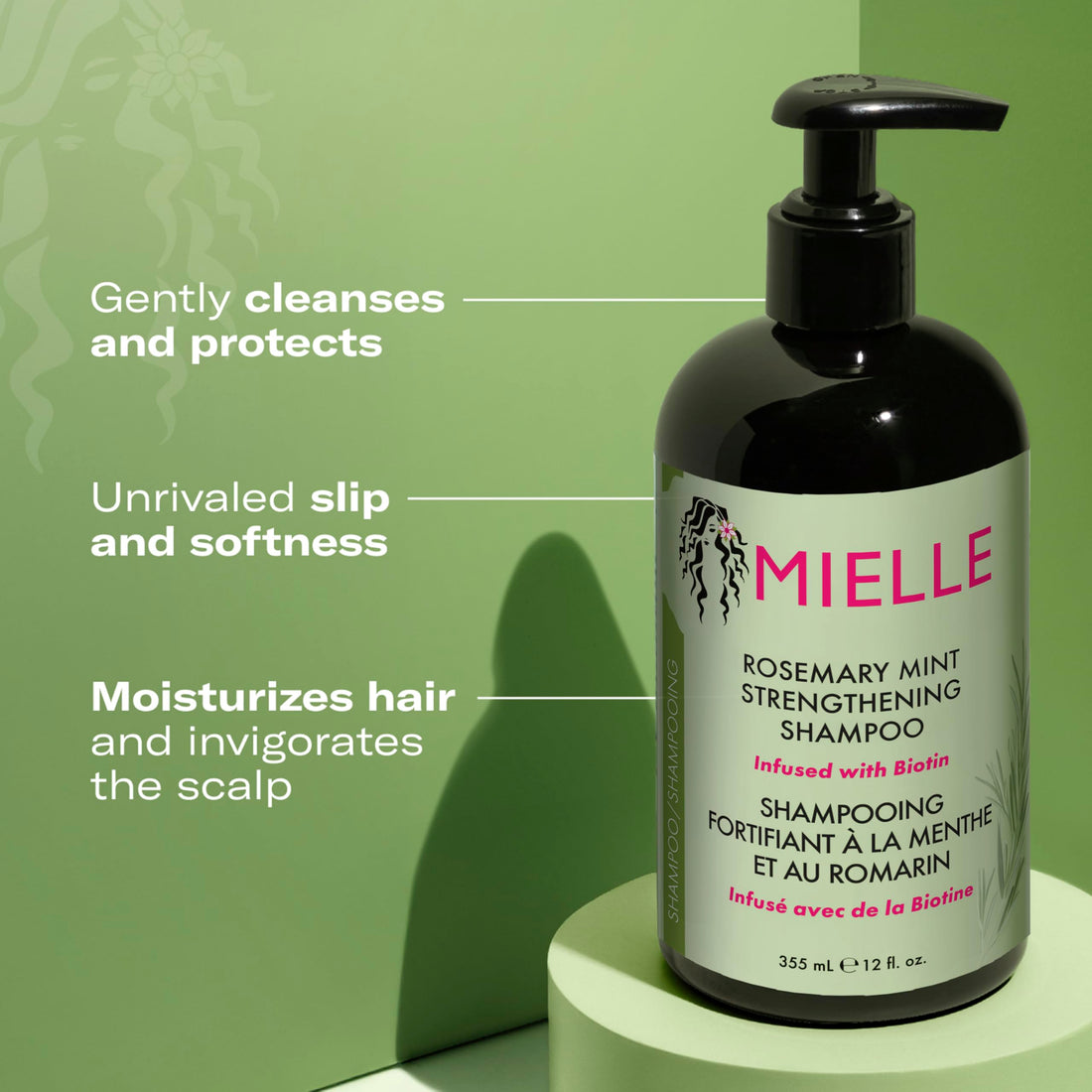 Mielle Rosemary Mint Hair Strengthening Biotin Shampoo - Moisturising Hair Shampoo for Women and Men to Gently Cleanse, Repair & Protect Strands, 355 ml (Pack of 1)