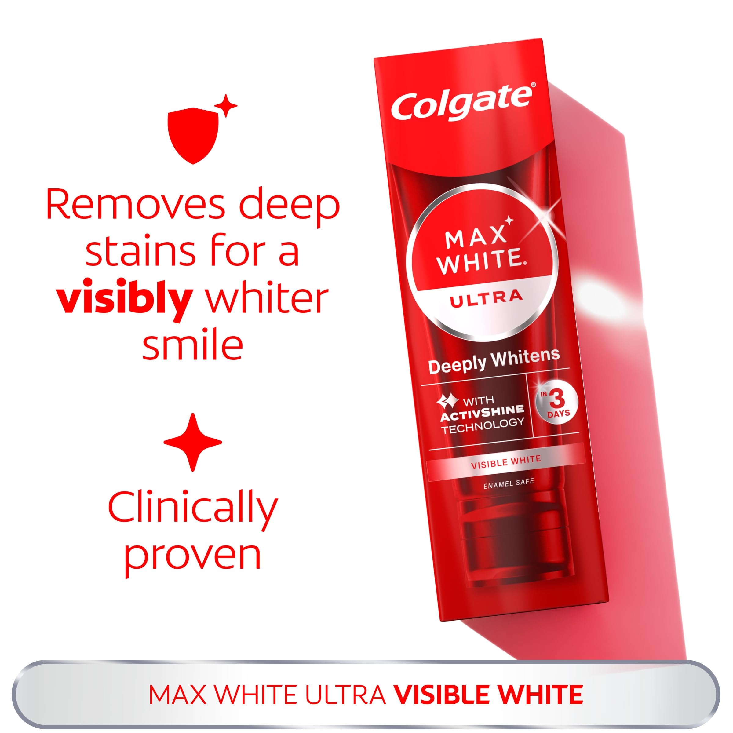Colgate Max White Ultra+ Enamel Toothpaste 75ml, Whitens Deep Stains for 5X Whiter Teeth, ActiveShine Technology Smoothes Enamel Surface to Reflect Light, Protects and Remineralises Enamel