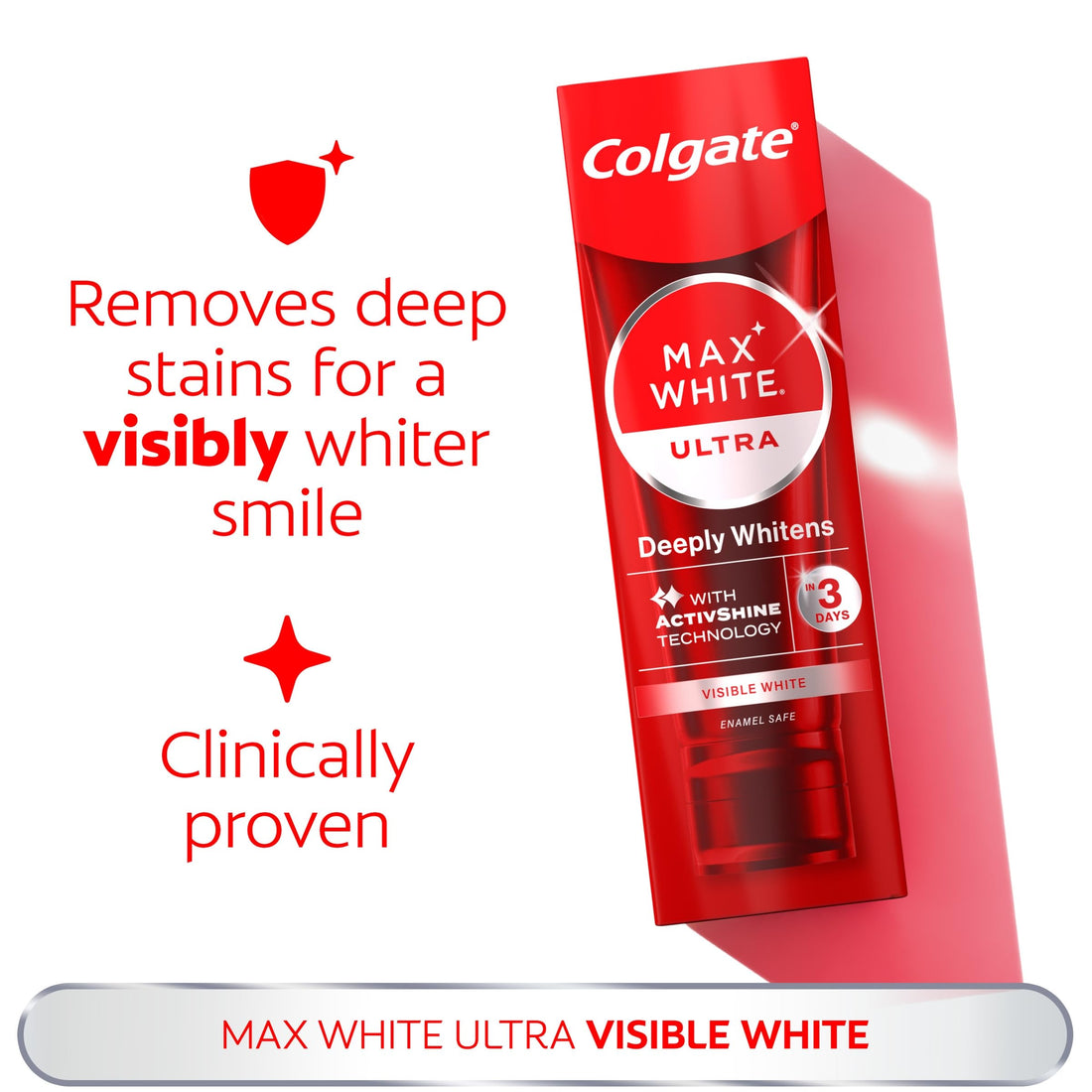 Colgate Max White Ultra+ Enamel Toothpaste 75ml, Whitens Deep Stains for 5X Whiter Teeth, ActiveShine Technology Smoothes Enamel Surface to Reflect Light, Protects and Remineralises Enamel