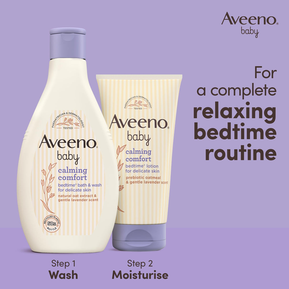 Aveeno Baby Calming Comfort Bedtime Bath and Wash (1 x 250ml), Tear-Free and Soap-Free Baby Wash with Gentle Lavender & Vanilla Scent, Gently Cleanses Skin Before Bedtime, for Delicate Skin