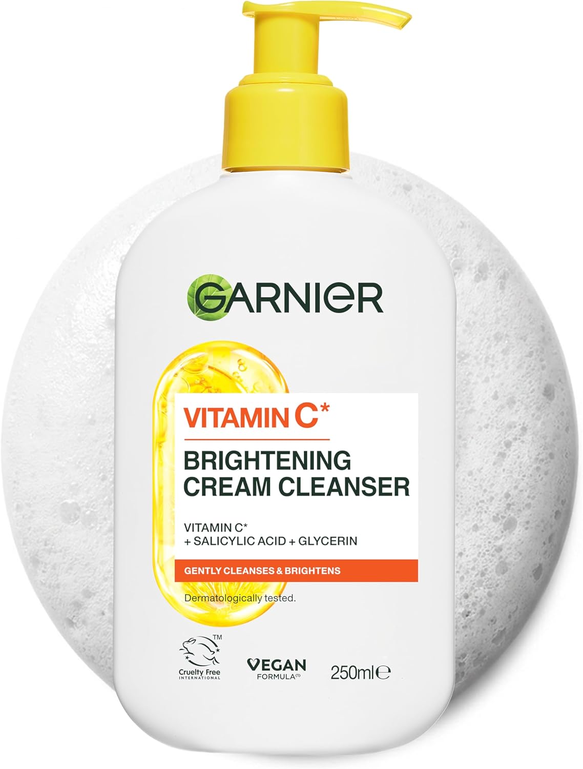 Garnier Vitamin C Brightening Cream Cleanser, Removes Make-up and Impurities, Hydrates and Brightens for Even Glowing Skin, for Dull and Uneven Skin, Dermatologically Tested, Cruelty free, 250ml