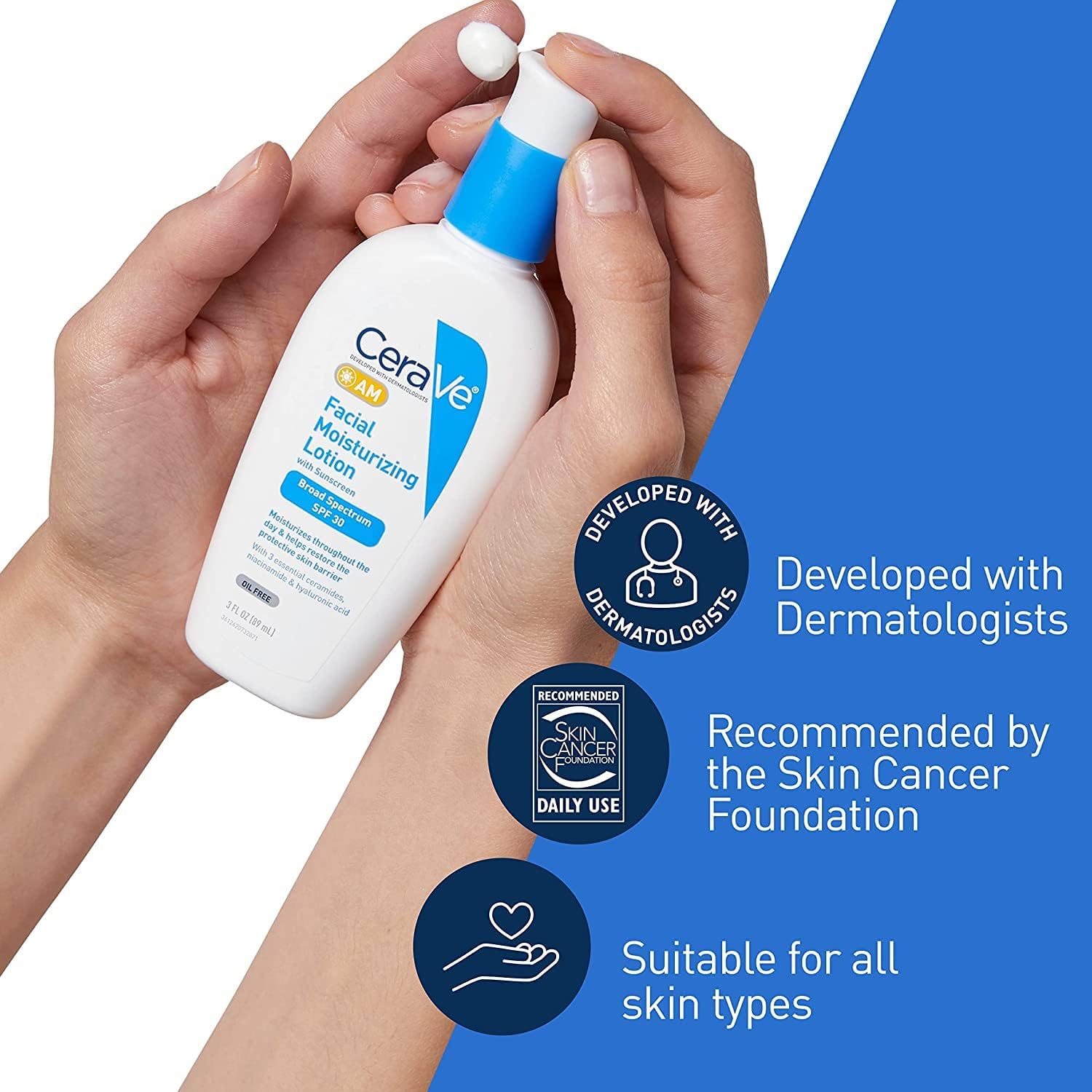 CeraVe AM Facial Moisturizing Lotion with SPF 30, Oil-Free Face Moisturizer with SPF, Formulated with Hyaluronic Acid, Niacinamide & Ceramides, Non-Comedogenic, Broad Spectrum Sunscreen, 3 Ounce Halalzen