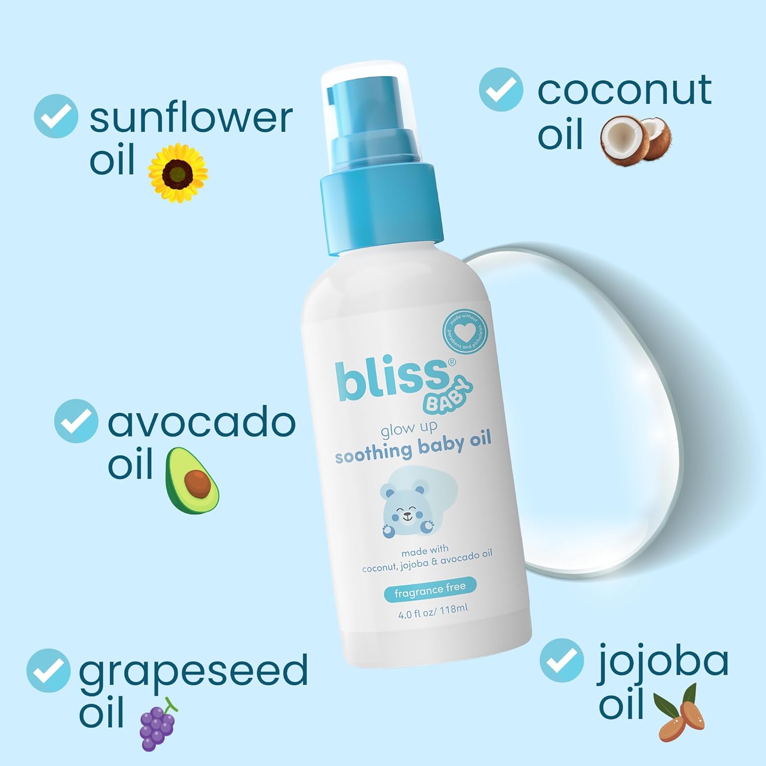 Bliss Baby Oil, All Natural, Premium & Unscented, Vegan - Made with Organic Avocado Oil, Coconut Oil, Dermatologist Tested, Soothing & Hydrating Baby Massage Oil, Travel Size 4 fl. Oz. Halalzen