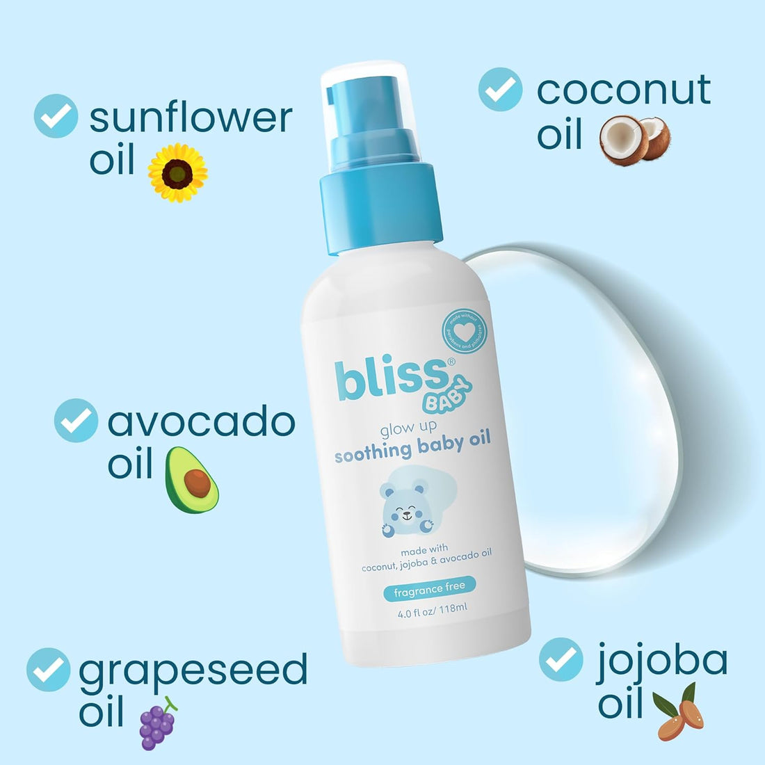 Bliss Baby Oil, All Natural, Premium & Unscented, Vegan - Made with Organic Avocado Oil, Coconut Oil, Dermatologist Tested, Soothing & Hydrating Baby Massage Oil, Travel Size 4 fl. Oz. Halalzen