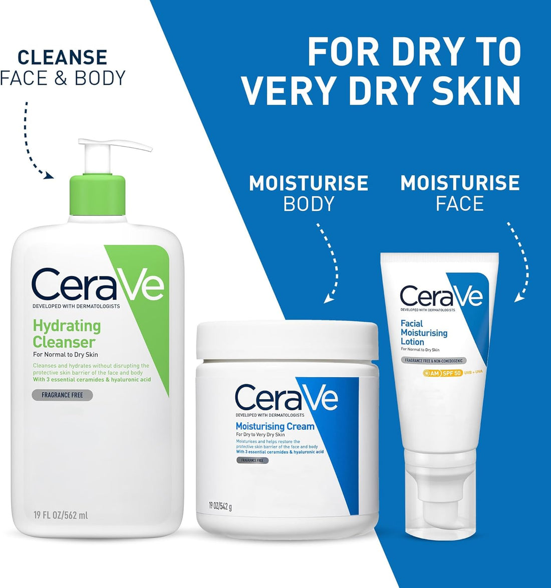 CeraVe Moisturising Cream for Dry to Very Dry Skin With 3 Essential Ceramides, Hyaluronic Acid, Face & Body Cream, Fast Absorbing, Dermatologist Developed, 562ml
