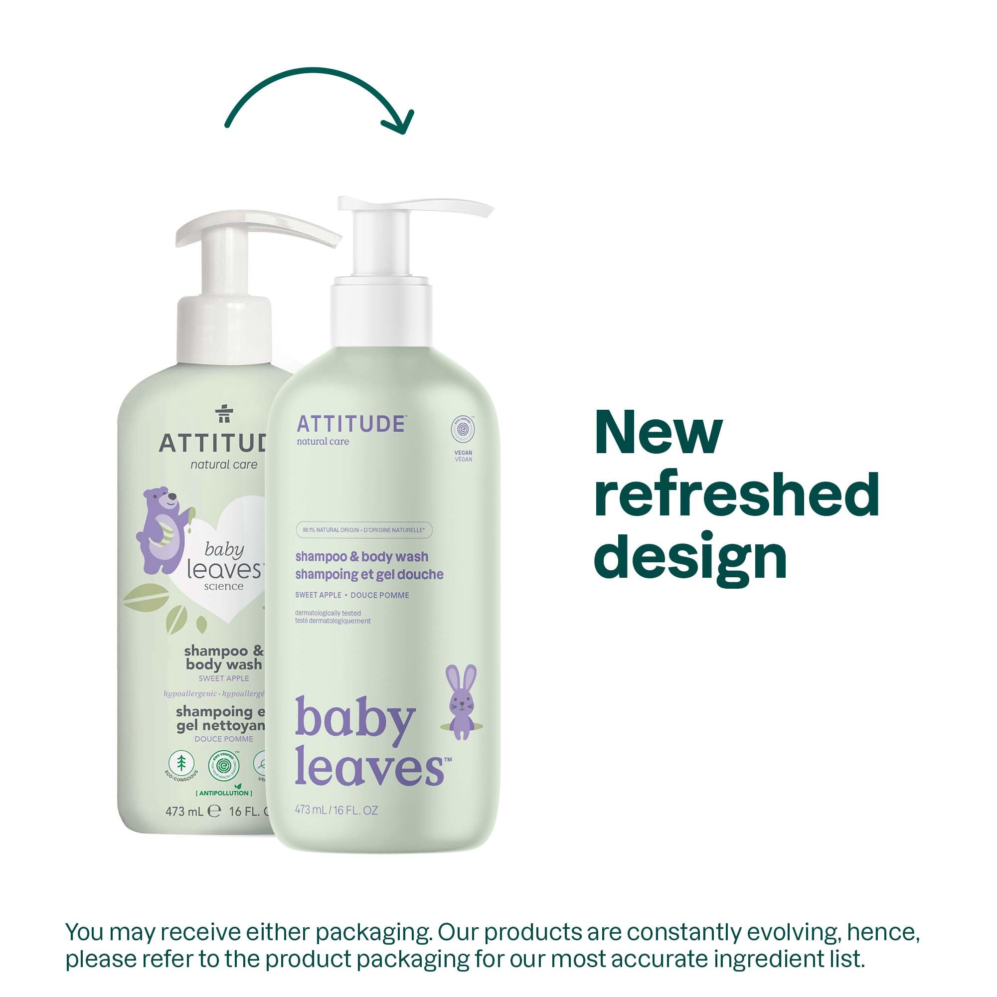 ATTITUDE 2in1 Hair Shampoo and Body Wash for Baby, Plant and Mineral-Based Gentle Formula, EWG Verified, Vegan Baby Products, Pear Nectar, 473 mL