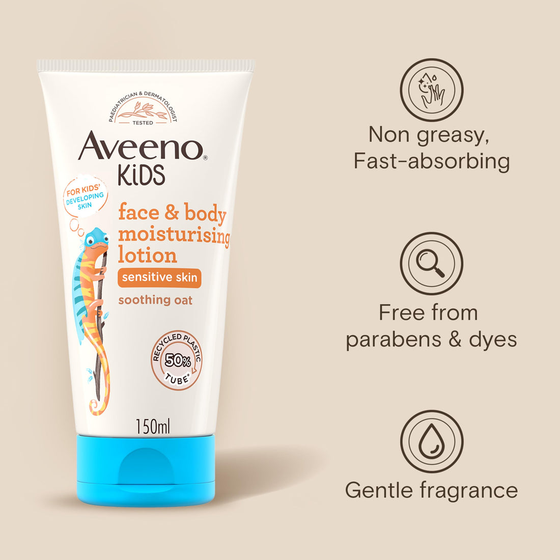 Aveeno Kids Face & Body Moisturising Lotion (1 x 150ml), Non-Greasy and Fragrance-Free Moisturiser Enriched with Soothing Oat, Face and Body Lotion for Kids' Sensitive and Developing Skin Halalzen