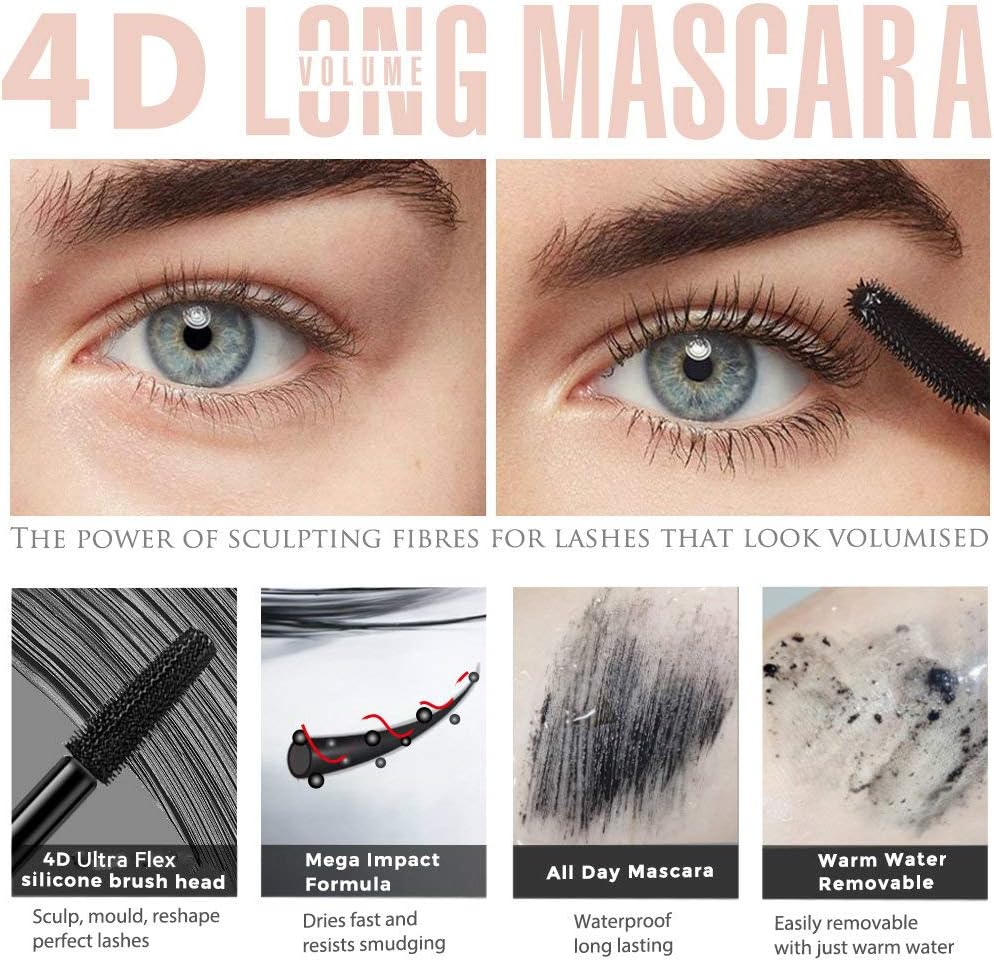 2 Pack 4D Silk Fiber Big Eye Lash Mascara, Mascara Black Volume And Length Intense Long Lasting, Waterproof No Clumping, Lengthening Thicking Volumizing Luxuriously Longer Mascara Halalzen