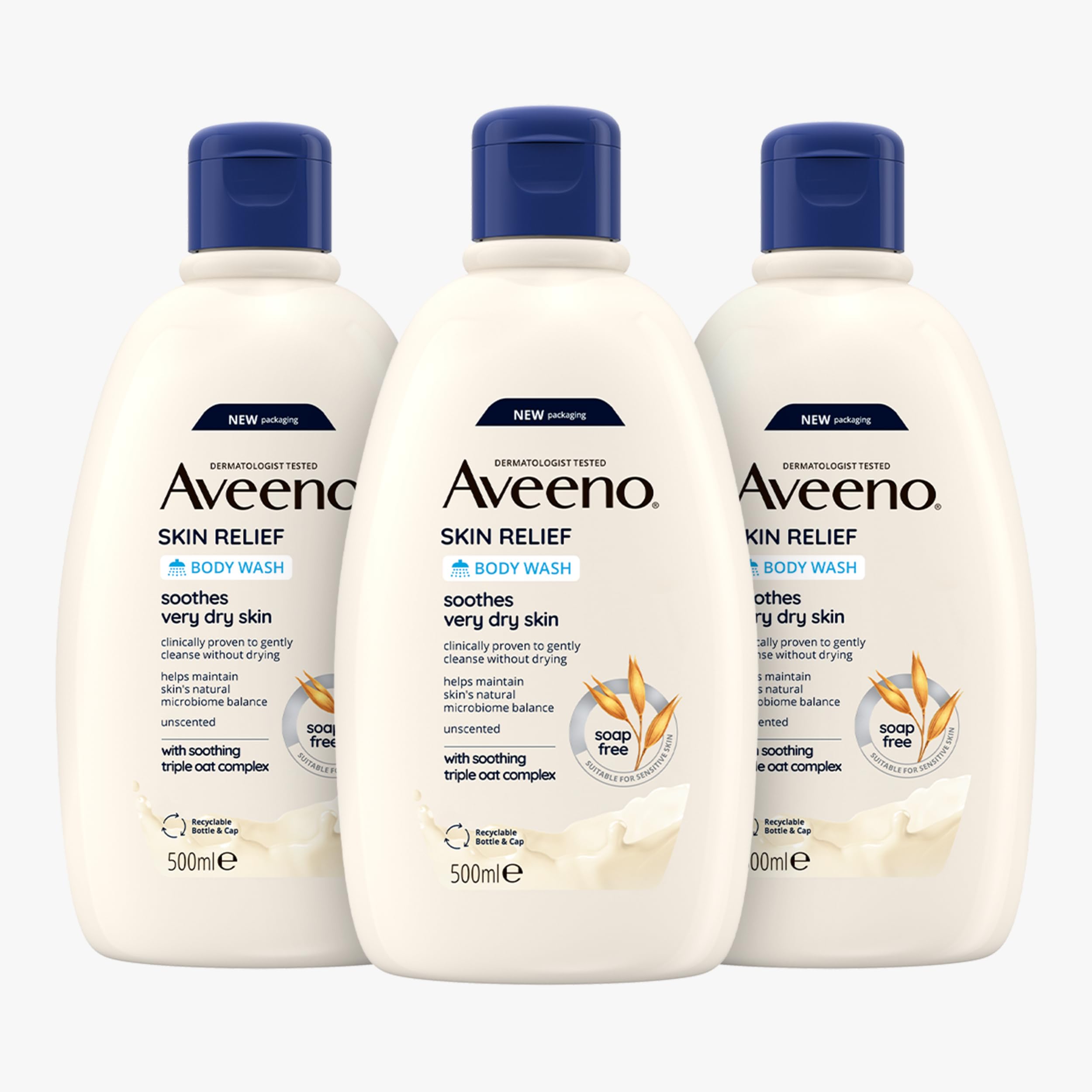 Aveeno Skin Relief Moisturising Body Wash (1x 500ml), Gentle Cleansing Wash with Soothing Triple Oat Complex, Soap-Free, Unscented for Sensitive and Very Dry Skin