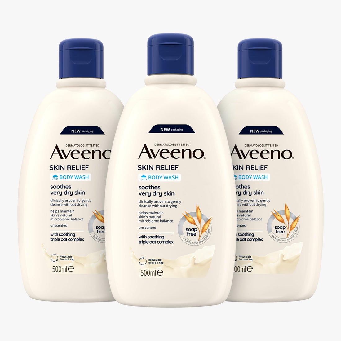 Aveeno Skin Relief Moisturising Body Wash (1x 500ml), Gentle Cleansing Wash with Soothing Triple Oat Complex, Soap-Free, Unscented for Sensitive and Very Dry Skin
